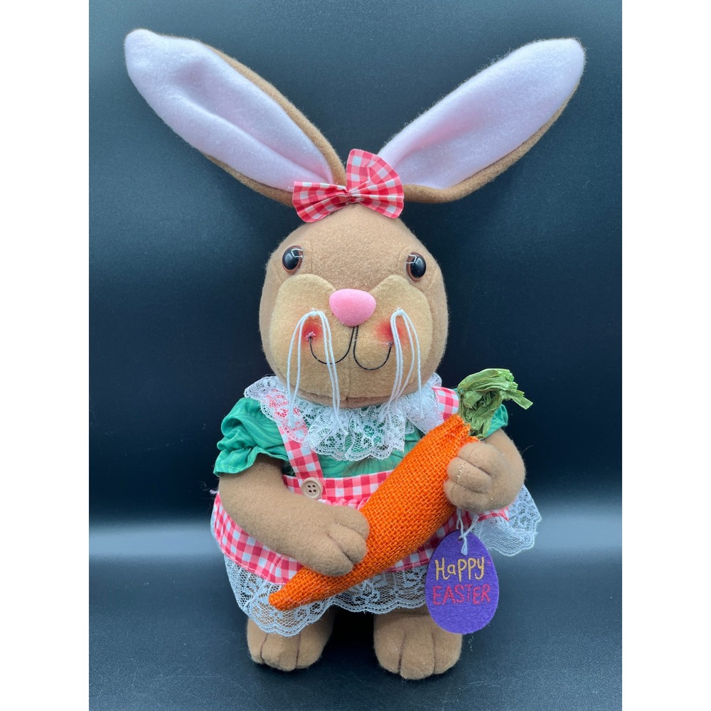 Easter Bunny Foam Fabric Figurine 14.5" Girl‎ Rabbit Gingham Dress Lace Carrot